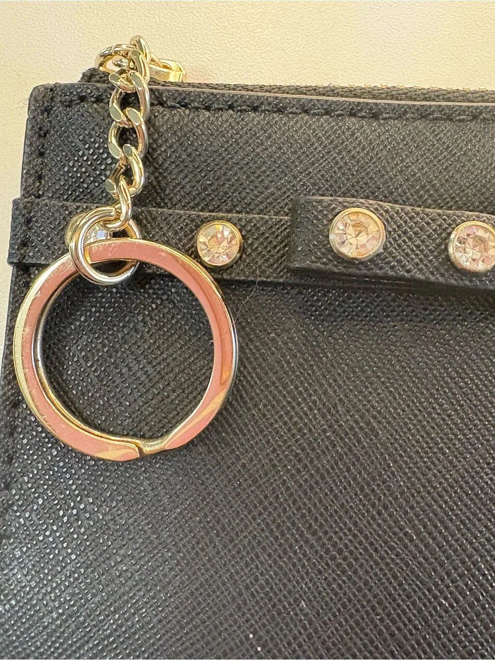 kate spade Black Leather Card Holder with Gold Keyring and Crystal Accents